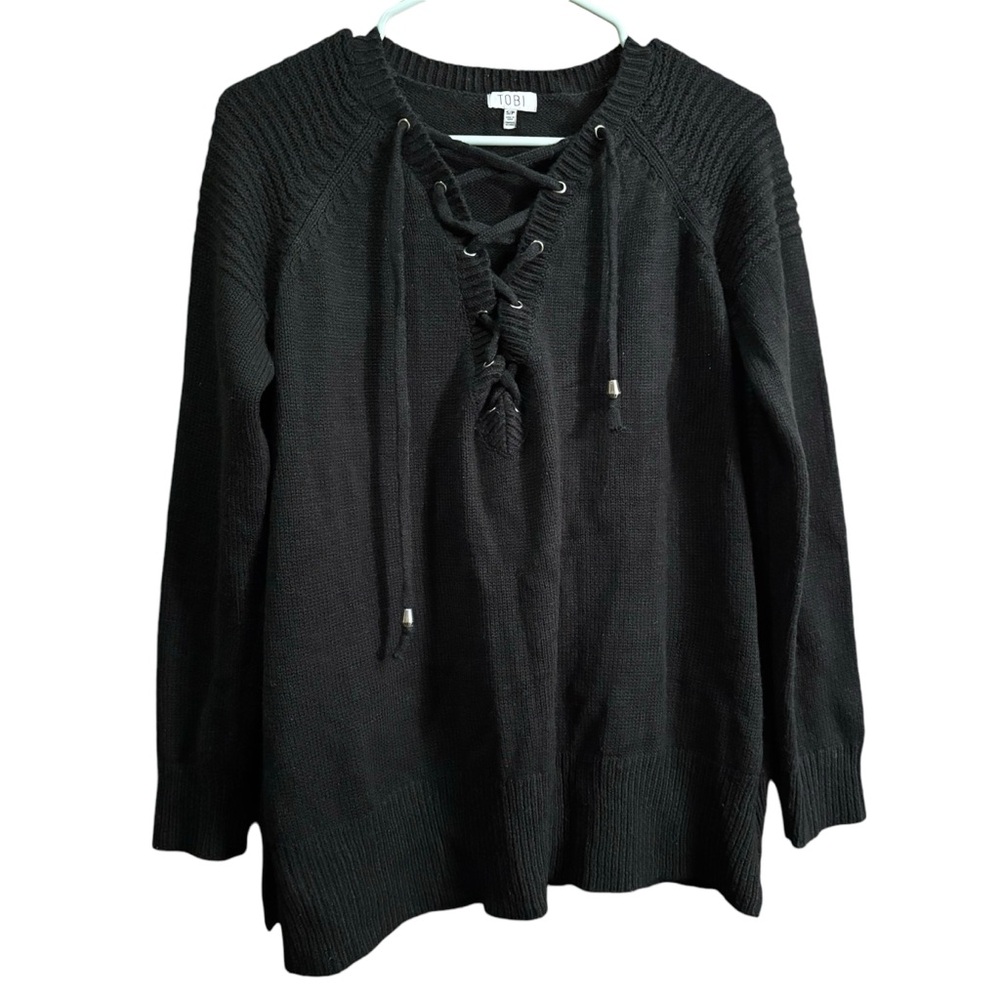 Tobi black knit lace up v-neck sweater Small